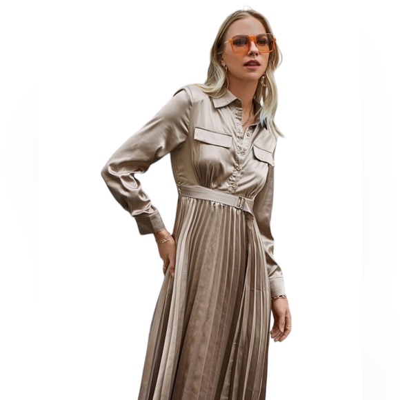 GOLDEN SILK PLETED SHIRT DRESS - Picture 3 of 7